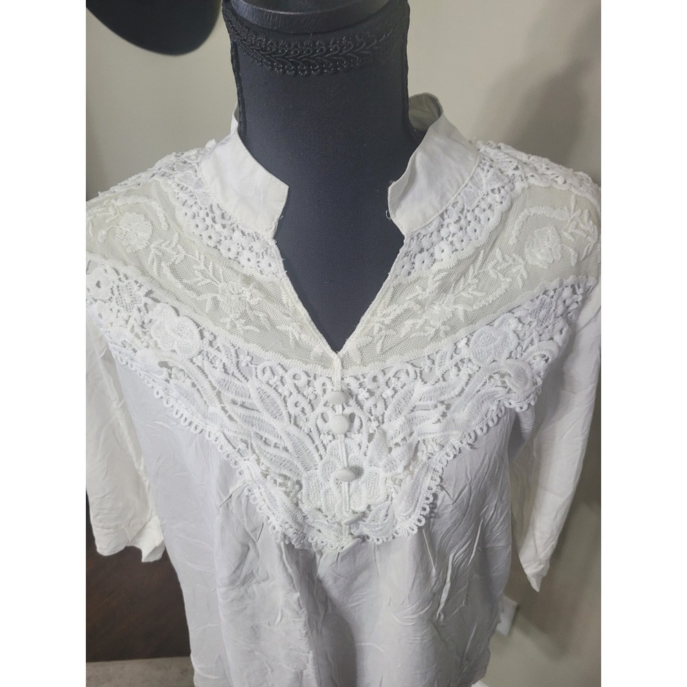 Ren‎ Fiber White Lace Panel Boho Blouse 3/4 Sleeve V-Neck Top